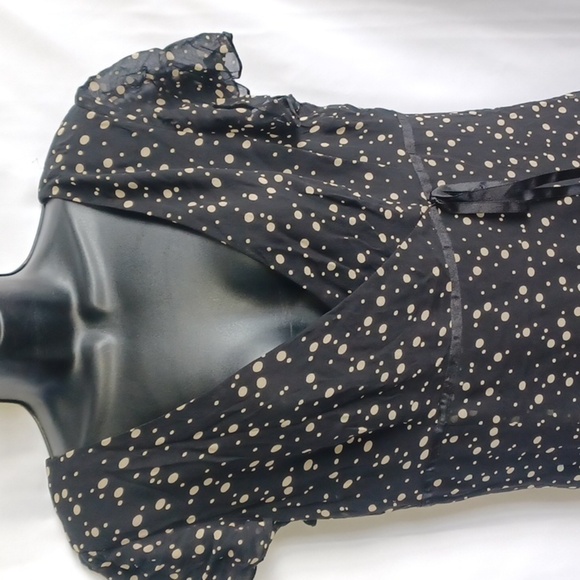 Maggy London silk black cream polka dot dress short flutter sleeve 14, 21" PTP - Picture 2 of 8